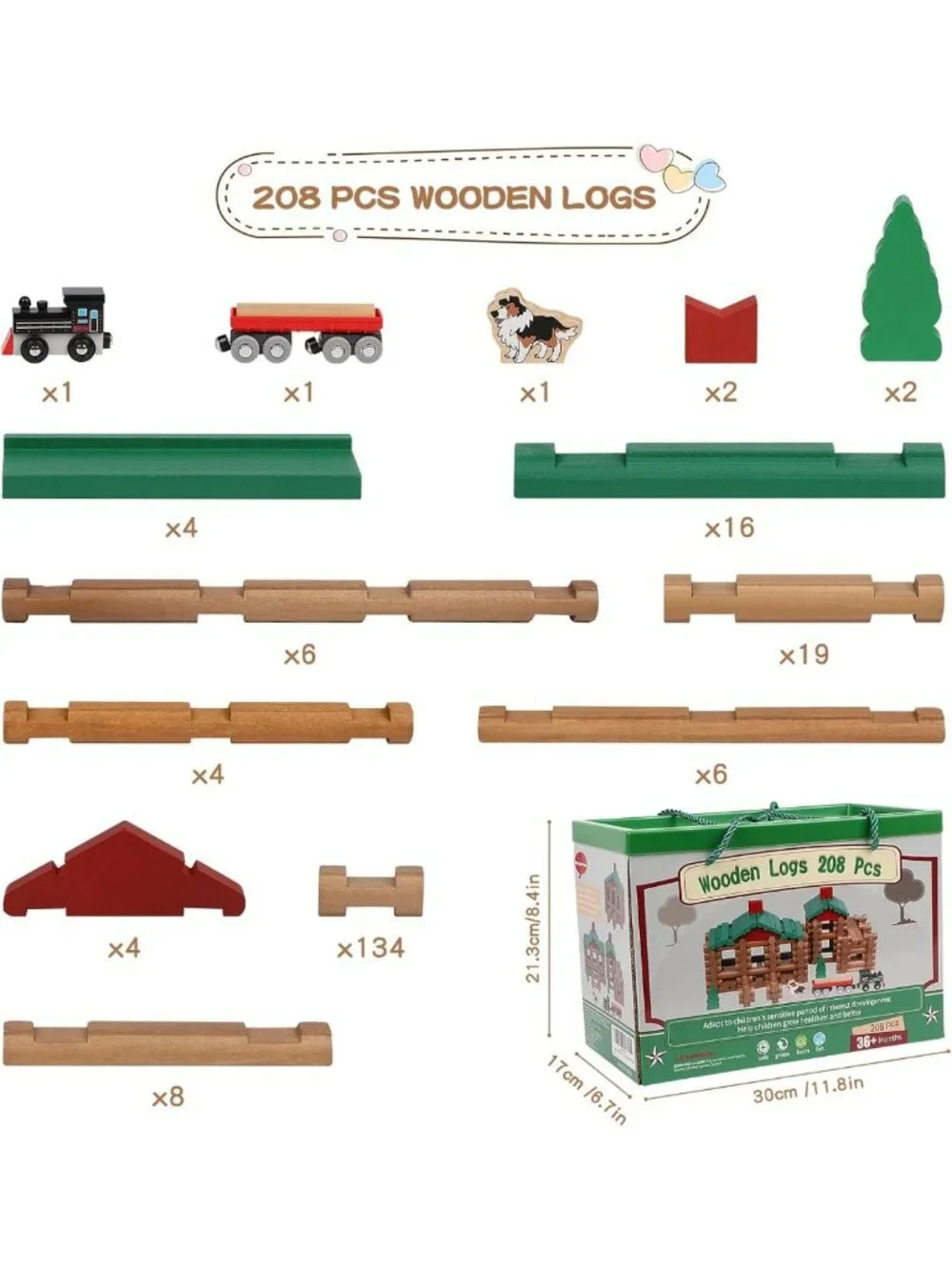 208 Pcs Classic Wooden Building Logs Set for Kids - Creative Educational Gift